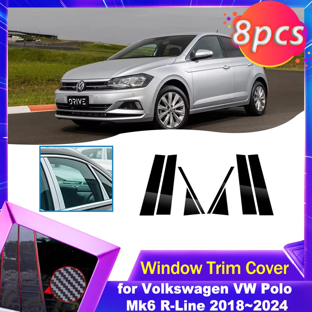 

Автомобильная накладка на дверь и окно для Volkswagen VW Polo Mk6 R-Line 2018 ~ 2024, 2019 2020 2021 2022 2023 углеродное волокно, хромированная черная наклейка, столбы, аксессуары