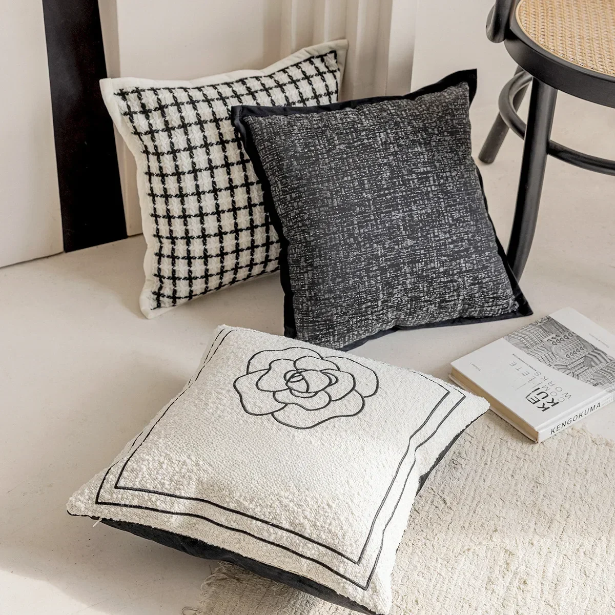 2024 schwarz weiß hell Luxus Kissen bezug Kamelie Jacquard Stickerei Kissen bezüge dekorative