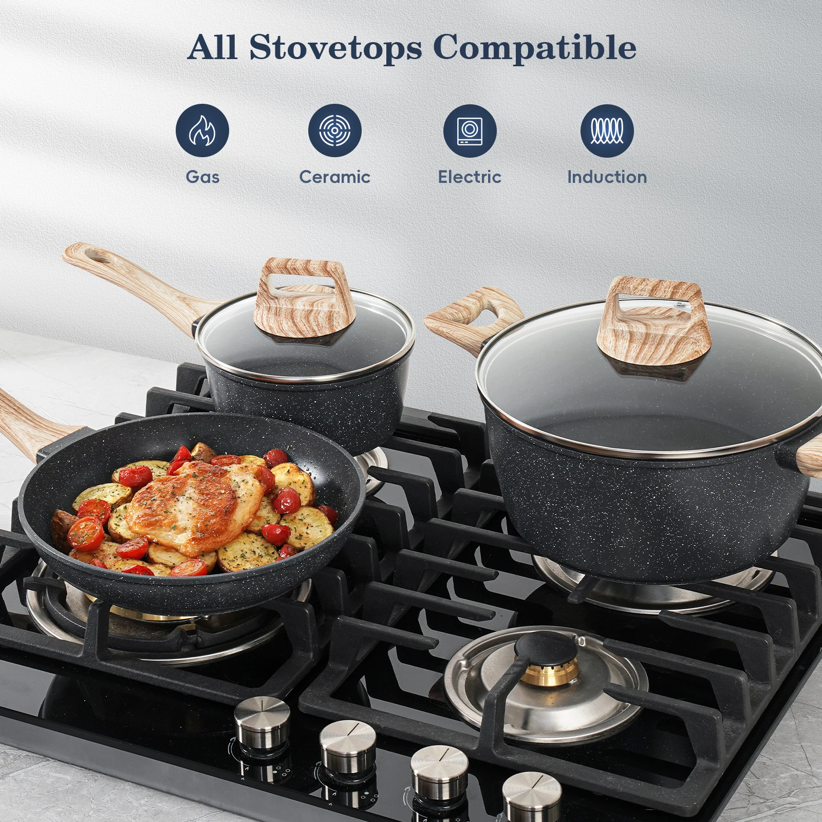 12 Pieces Non-Stick Granite Cookware Set, Healthy Ceramic Pots & Pans with Pan Protectors, Induction Ready Stackable Kitchen Cooking Set, Dishwasher Safe
