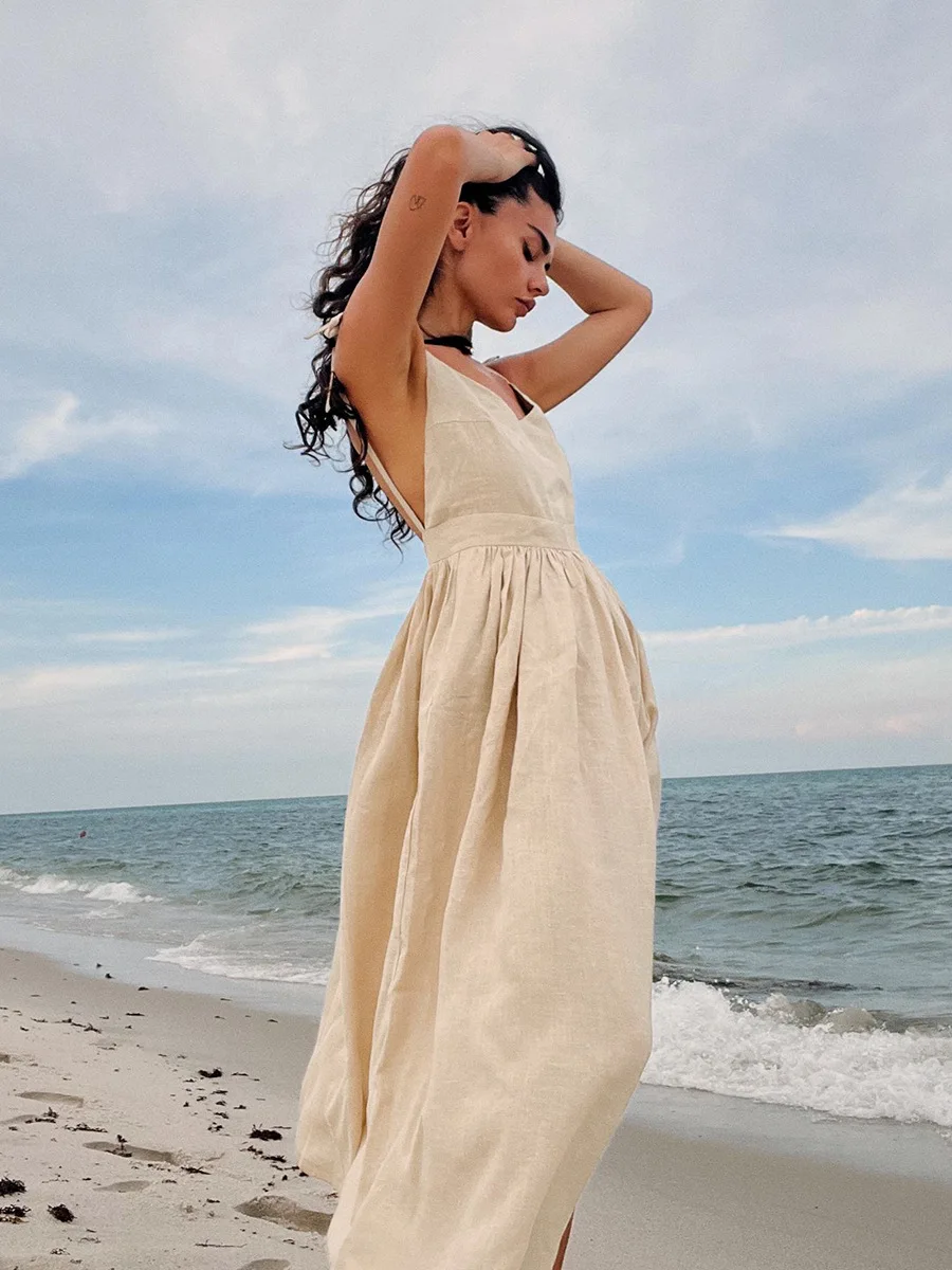 Spaghetti Strap Long Dresses Women Backless Pleated Slip Sundress Summer Vintage Loose A-line Sexy Party Dress Elegant Vestidos