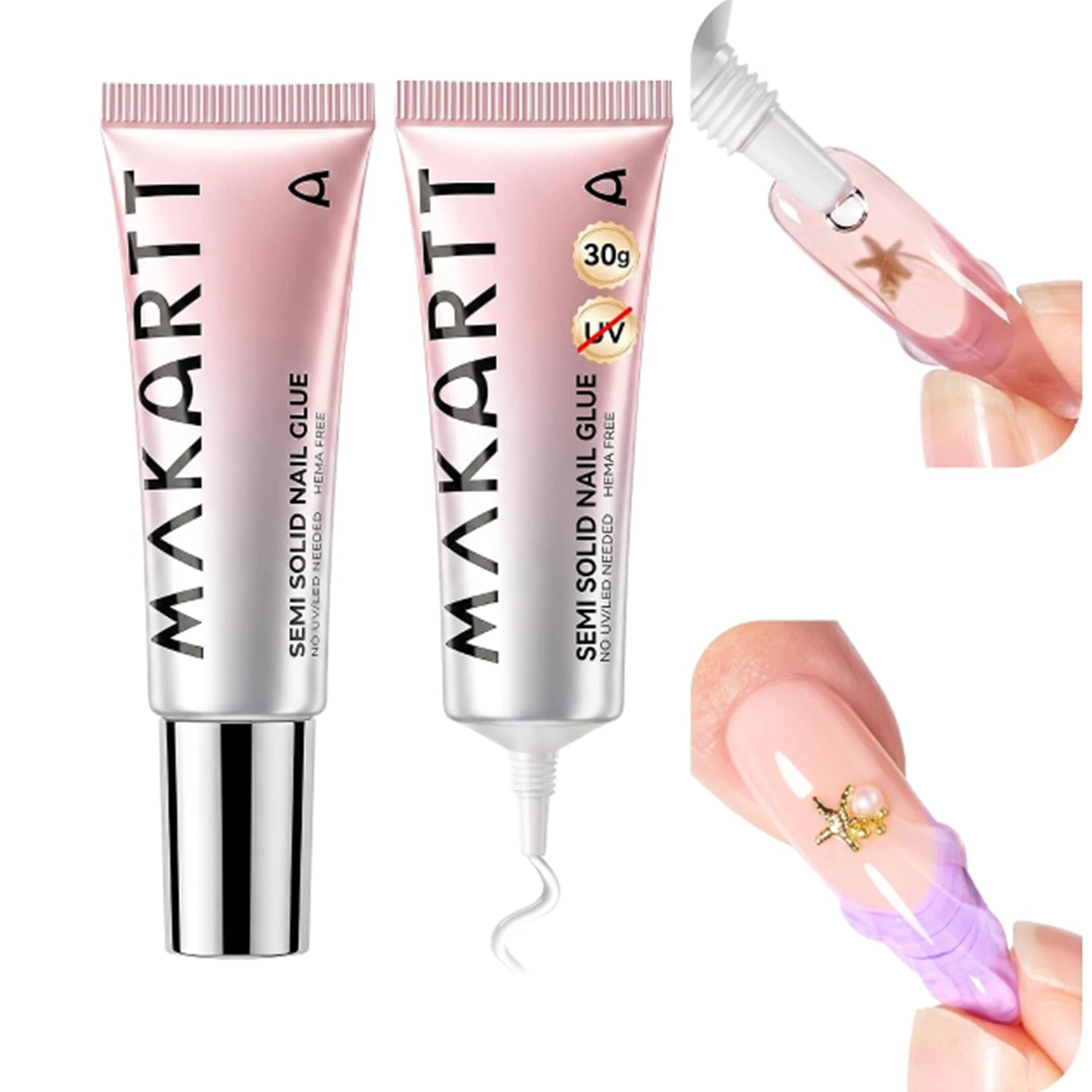 Makartt Press On Nail Glue 30ML 2 Pcs Semi Solid 20s Air Dry Hema Free TPO Free Sensitive Nails No UV Lamp Strong Gap Filling