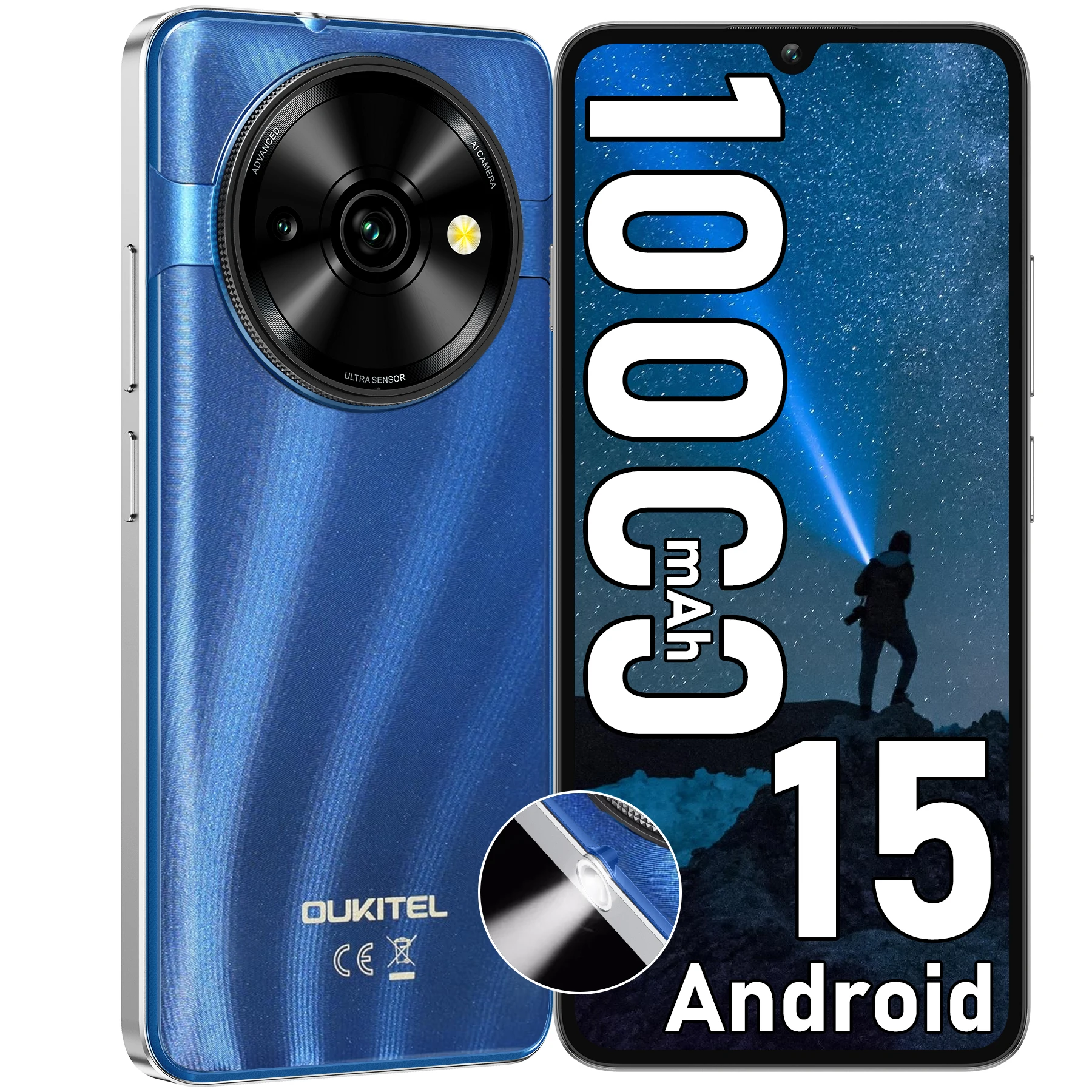OUKITEL C59 Entsperrtes 4G-Handy Android 15, 10000mAh Riesiger Akku, 18W Schnellladung, 16GB RAM+128GB ROM, Unterstützung für TF-Karten bis 1TB, 6,88" HD+ INCELL 90Hz Display, 120-Lumen Taschenlampe,