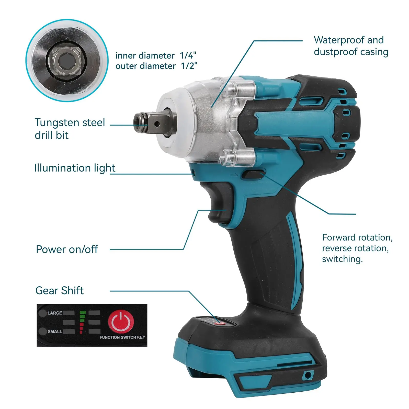 Brushless Cordless Electric Impact Rechargeable 1/2 inch French Power Tools Compatible for Makita 18V Battery