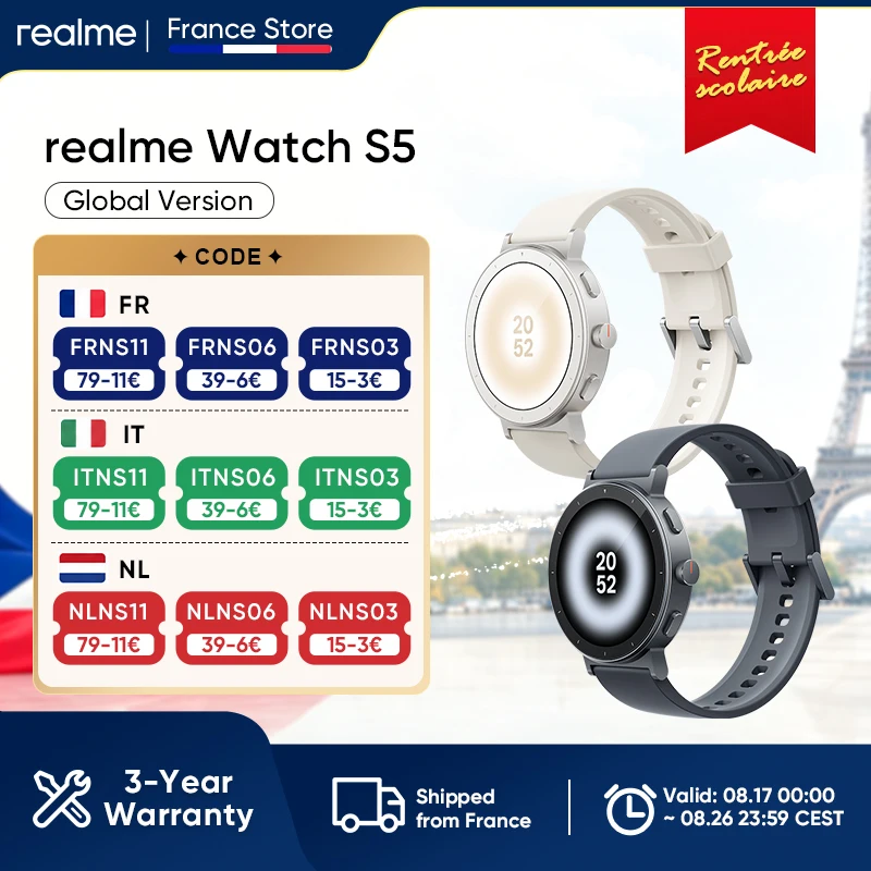 Nouvelle montre connectée realme Watch S5 2026, écran ultra-lumineux 1500 nit, GPS avec 5 GNSS, 110 modes sportifs, étanche 5 ATM