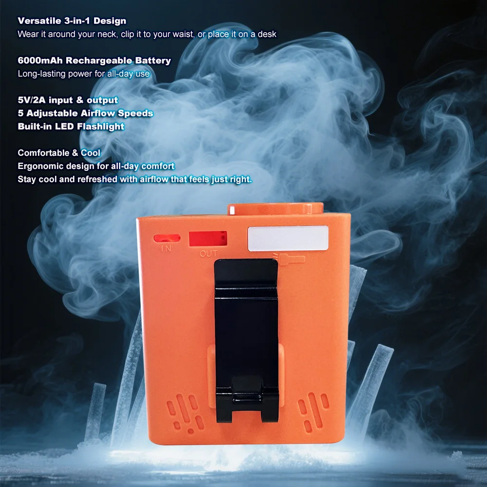 Portable WaistFan Stepless Speed Control 6000mAh USB Rechargeable Fan with LED Flashlight Wearable Neck Desk Clip Fan Power Bank