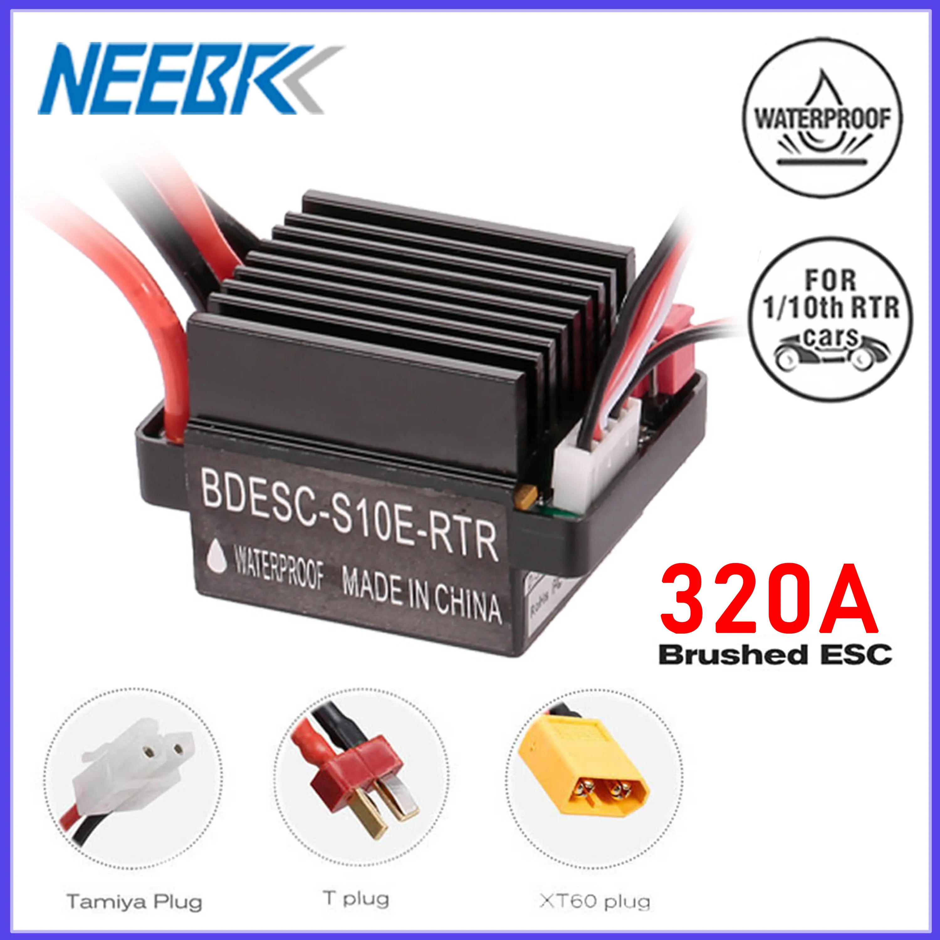 NEEBRC 320A Waterproof Brushed Speed Controller 5V/2A BEC 60A ESC 2-3S Forward+Brake+Retreat for 1/10 RC Car Boat Model Motor