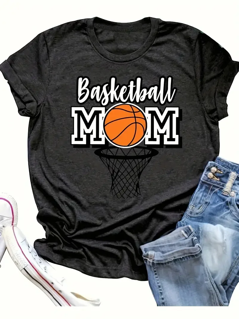 Basketball Mom Print T-shirt Short Sleeve Crew Neck Casual Top For Summer Spring Women\'s Clothing