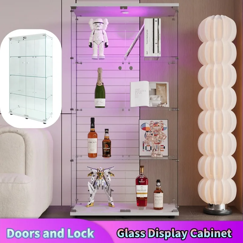 Comanlai Vitrine en Verre avec 3 Étagères, Armoire de Rangement LED avec 2 Portes, Serrure, Verre Trempé, Bande Lumineuse pour Chambre