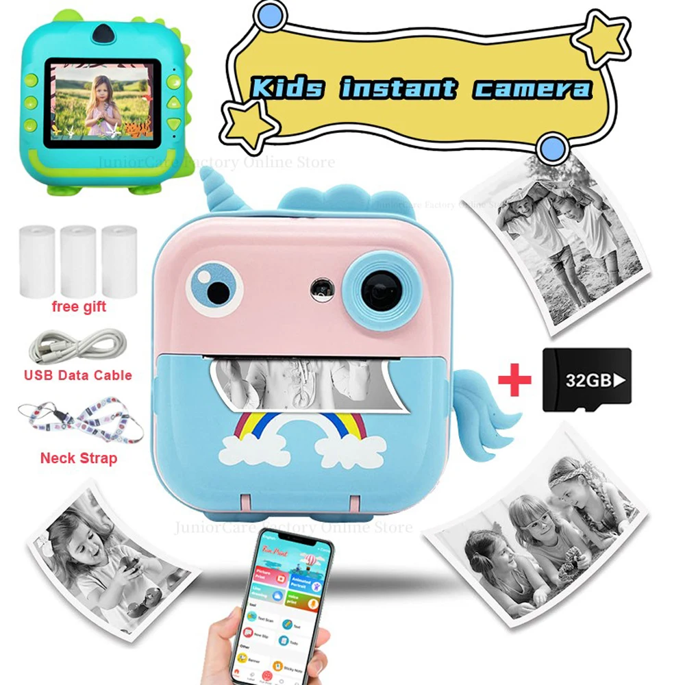 Kids Instant Camera 2.4 Inch IPS Screen Full HD Digital Camera Picture Printing With Lanyard Toy Unicorn Toys Picture Printer