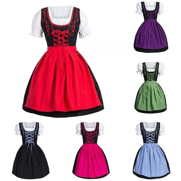 Plus Size Damen Mittelalter Kostüm Kleid Deutsches Oktoberfest Dirndl Kleid Cosplay Kostüm Partykleid M-5XL