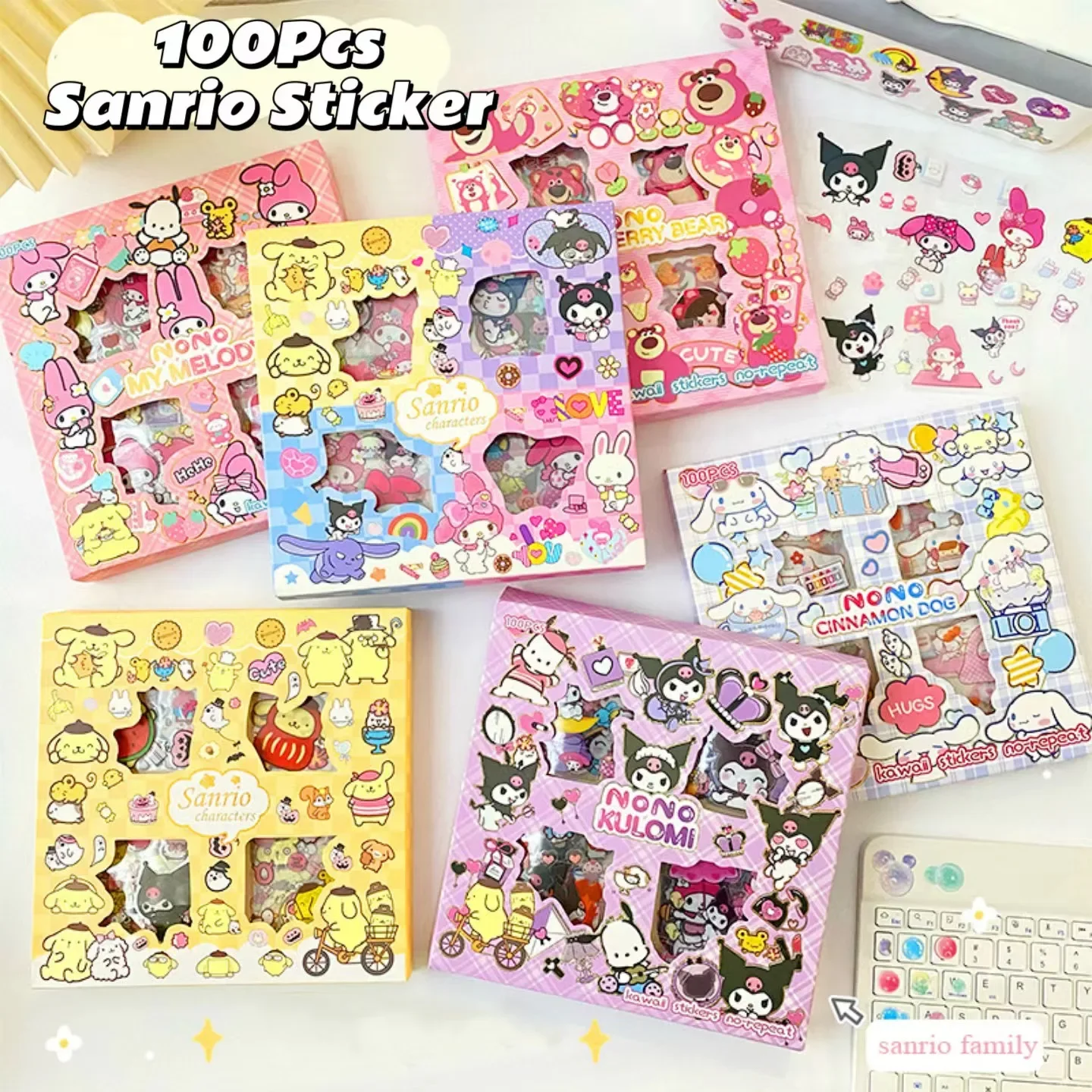 100Pcs Sanrio Kuromi Melody Cinnamoroll PET Transparent Waterproof Stickers Cartoon DIY Stationery Hand Ledger Sticker Gift Box