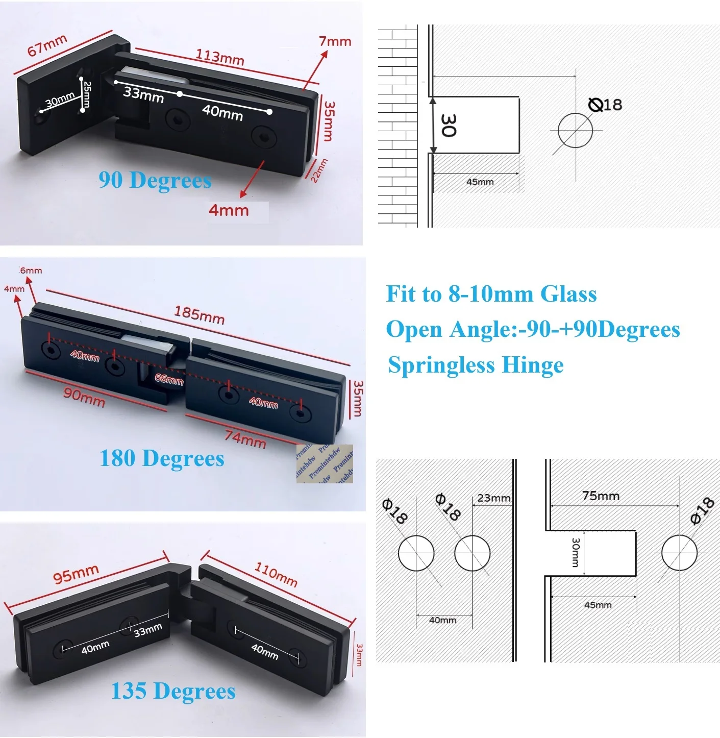 2Pcs 304 Stainless Steel Slim Springless Glass Door Hinge Shower Enclosure Cubicle 90 135 180 Degrees Gold Shiny Black Grey