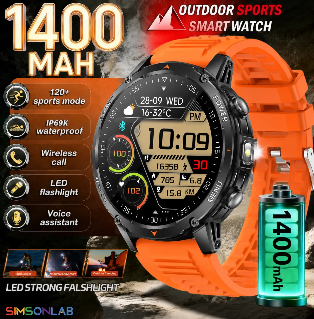 

2026 Military Smart Watch Men 1400mAh Ultra Long Battery 10ATM Waterproof Bluetooth Call Outdoor Flashlight Heart Rate Fitness