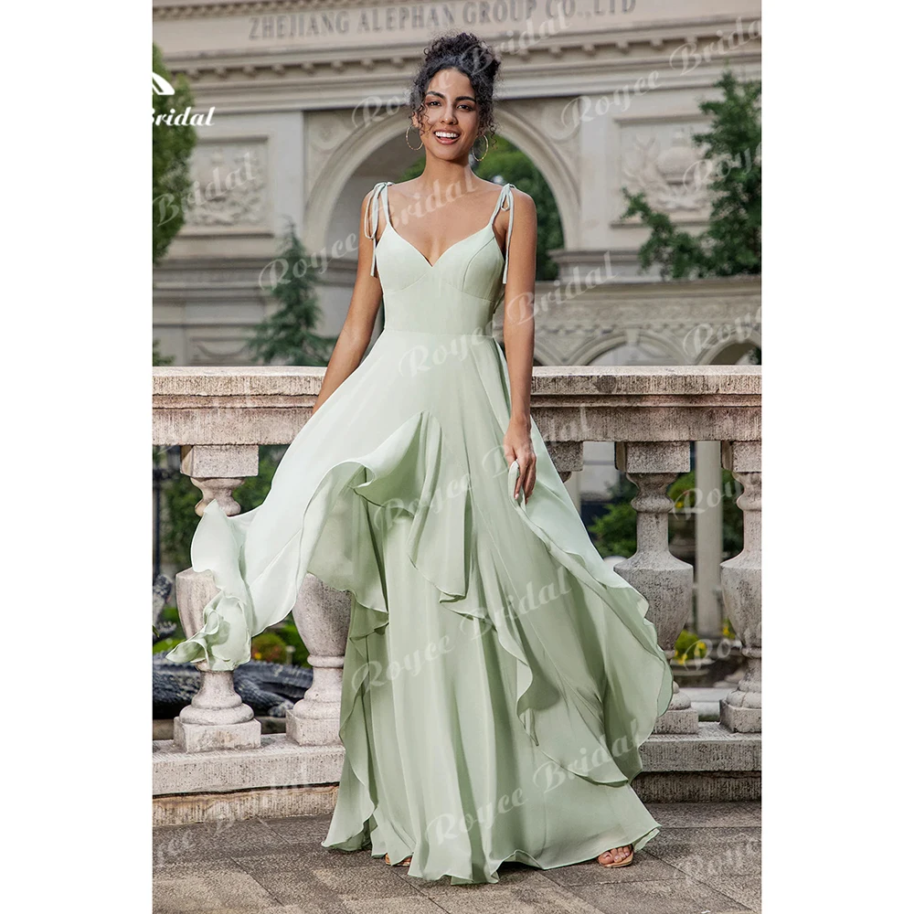 

Mint Green V-neck Bow Spaghetti Straps Layered Ruffle Chiffon A Line Bridesmaid Dresses Customized wedding party dress robes