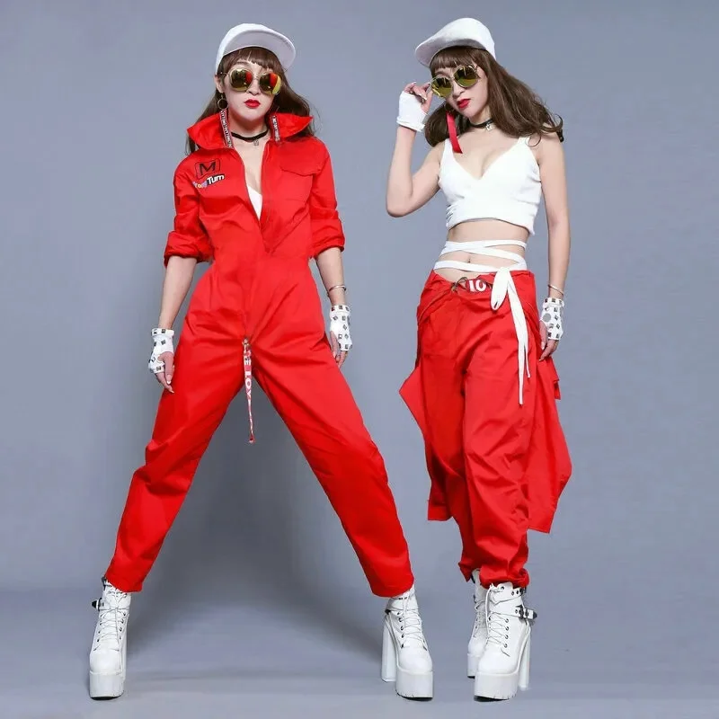 # 0102 Kostiumy sceniczne dla piosenkarzy Kobiety Kostium do klubu nocnego Hip Hop Kombinezon unisex z paskiem Czerwony kombinezon z długim rękawem Luźny — zdjęcie 2