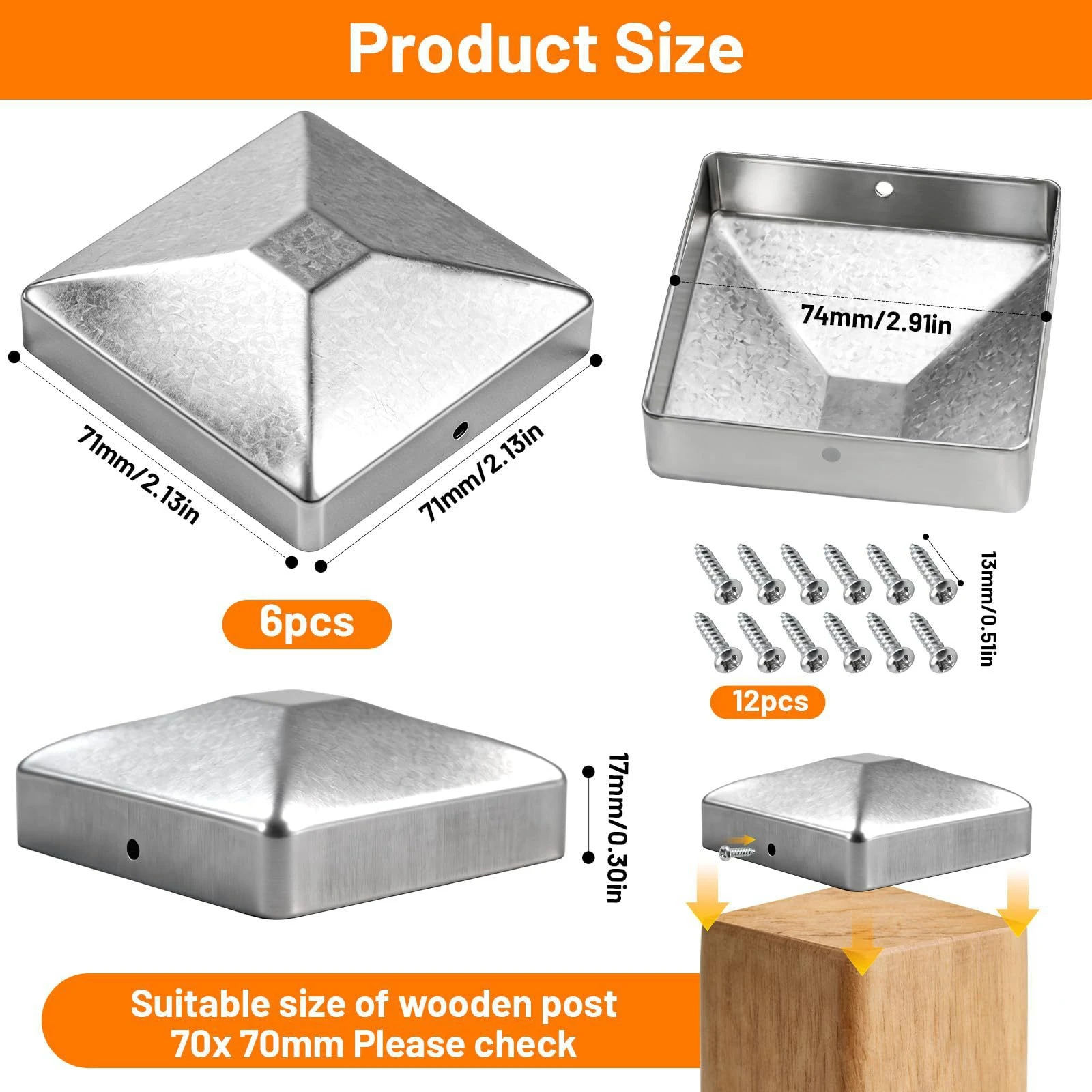 12Pcs Sliver Pressed Steel Post Caps Square Steel Posts Fence Caps Topper Pressure Fit Cover for Mailbox Metal Wood Railing