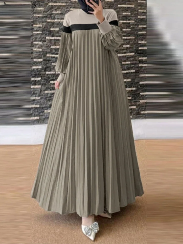 2025 ZANZEA Moda Damska Jesień Długa Sukienka Muzułmańska z Bufiastymi Rękawami Abaja Islamska Szata Kaftan Sukienka Letnia Patchwork Plisowane Vestidos — zdjęcie 2