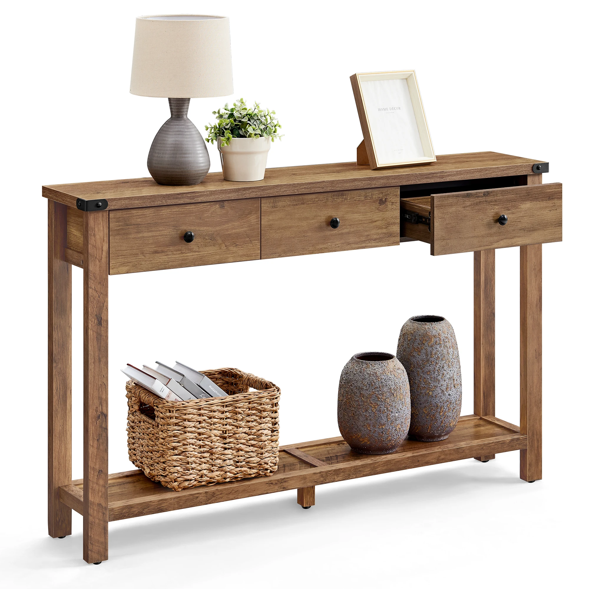 VASAGLE Konsolentisch, Beistelltisch, schmaler Sofatisch, mit 3 Schubladen und einer Ablage, für Flur, Wohnzimmer, Landhausstil