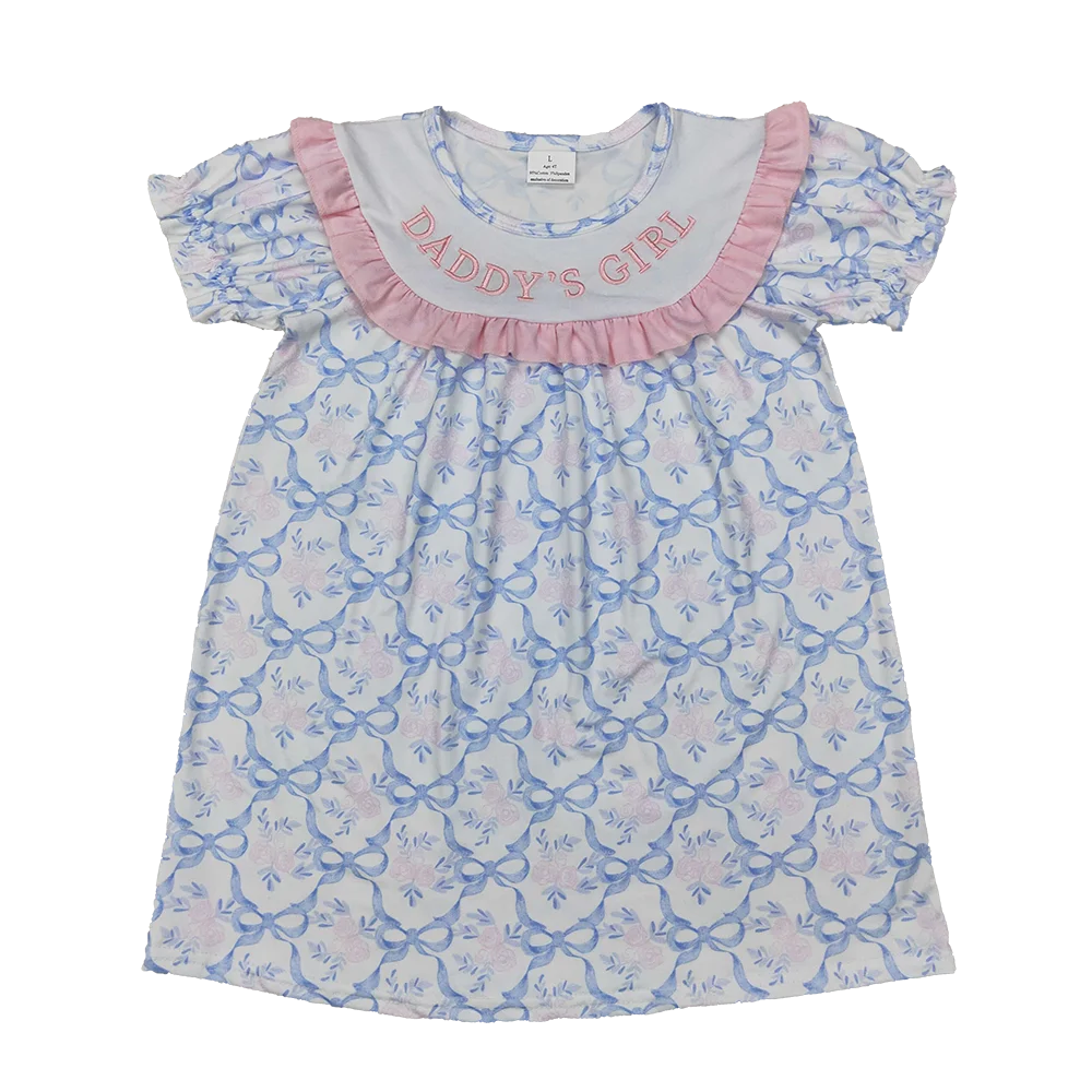 

GSD2226 Baby Girls Summer Dress Embroidery Baby Girls Blue Bows DADDY'S GIRL Knee Length Dresses