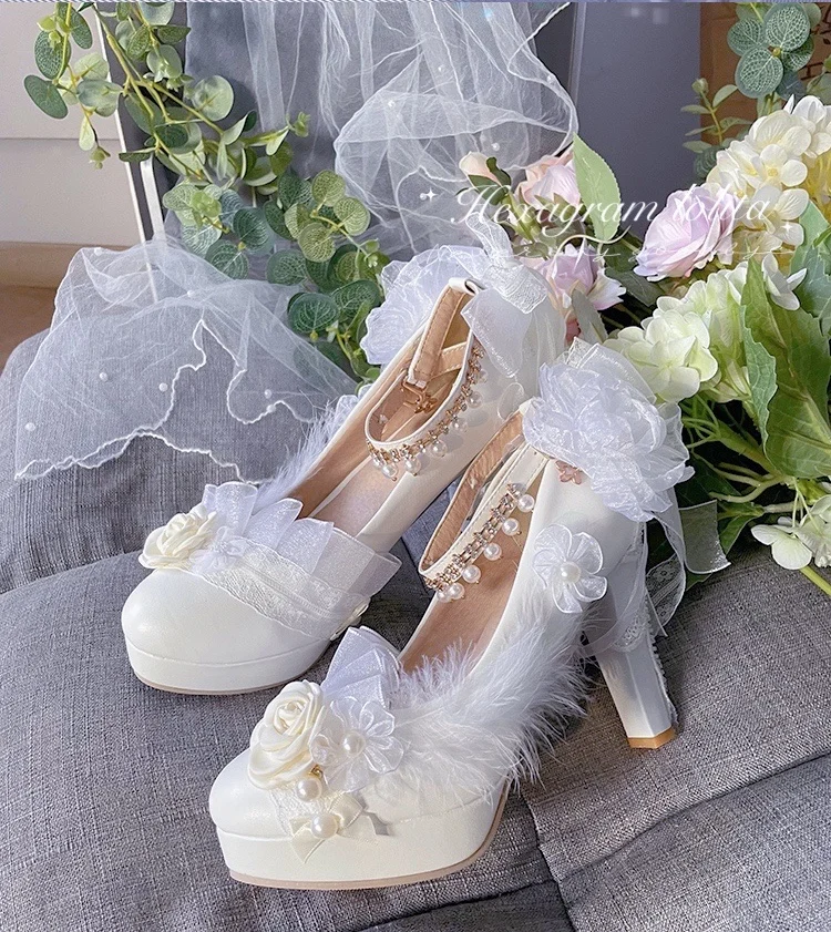 

Women Block High Heel Pearl Lace Floral Shoes Wedding Buckle Cute Lolita Sandals Ladies Dress Sweet Round Toe Mary Jane Shoes