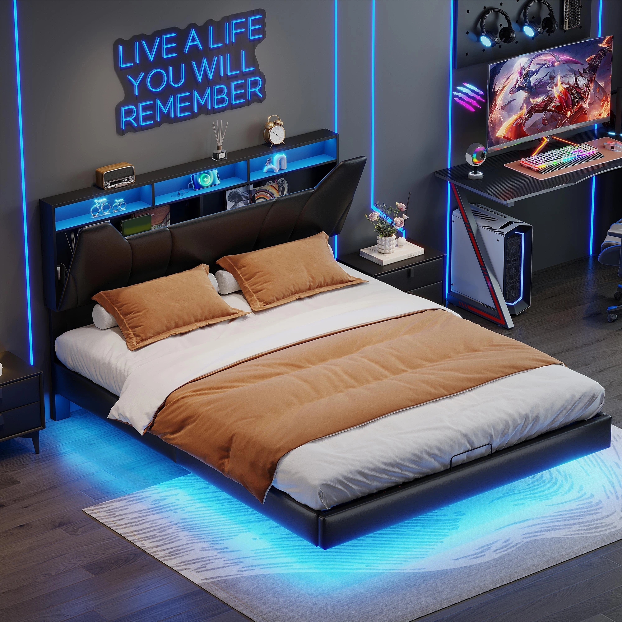 Anajqaqia 140 x 200 cm großes gepolstertes Doppelbett, schwebendes Bettgestell mit LED-Kopfteil, hydraulischem Stauraum, integrierten Ladeanschlüssen, Plattformbett für Erwachsene für das Schlafzimmer