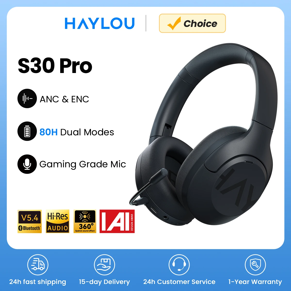 HAYLOU-Casque sans fil S30, Bluetooth 5.4, 43dB, écouteurs adaptatifs antibruit, ensembles de sauna, pilote 40mm, 80H de lecture
