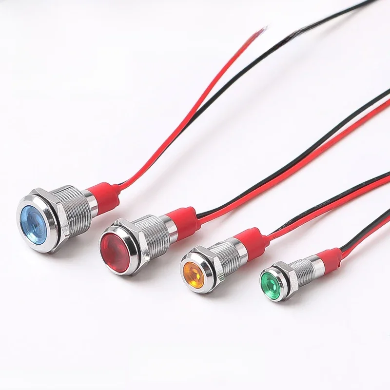 Indicateur lumineux LED en métal, 6/8/10/12mm, avec fil, étanche, Signal lumineux, interrupteur à fil, rouge, jaune, vert