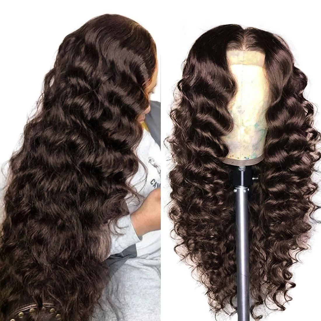 Peruca Frontal de Renda HD 13x4 com Ondas Profundas, Cabelo Humano Brasileiro Cacheado de 30 Polegadas, Perucas de Cabelo Humano para Mulheres com Densidade de 200 a 250
