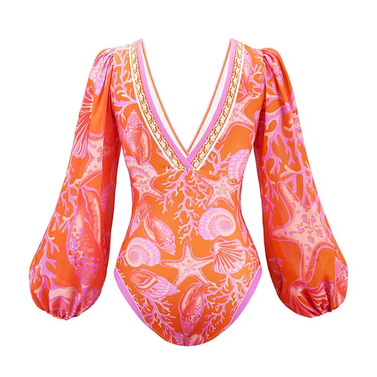Women Vacation Swimsuit and Skirt Long-sleeved V Neck Marine Plant Pattern Print One Piece Beachwear Bathing Suit 2024 New