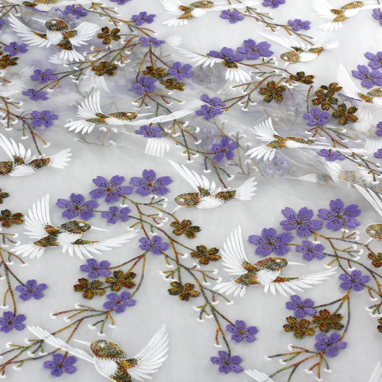 HelluyerDc mixed colors on white tulle lace fabric, beautiful flowers,birds embroidery for prom dress for fashion designs
