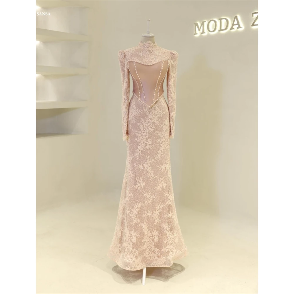 Sansa Corsetto personalizzato Sirena Collo alto Abito da ballo Manica lunga Pizzo con paillettes Abiti da sera Lunghezza pavimento Serata formale