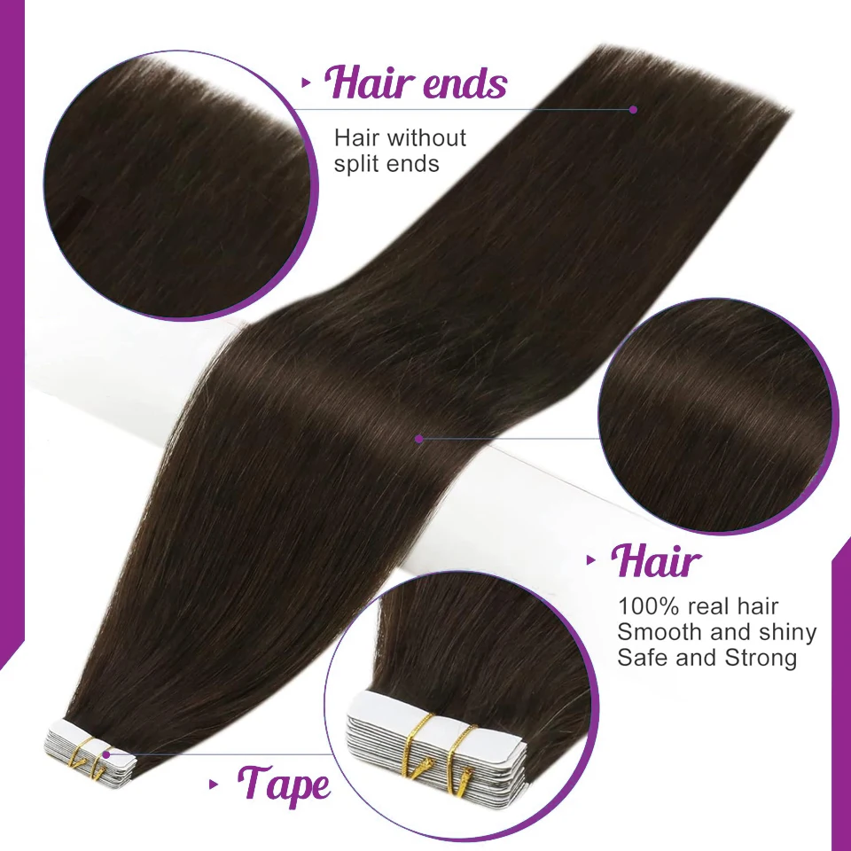 Straight Tape in Hair Extensions Human Hair 16 To 26 Inches for Women 20 Pcs 50G/Pack Brazilian Hair Tape on Nature Color #2