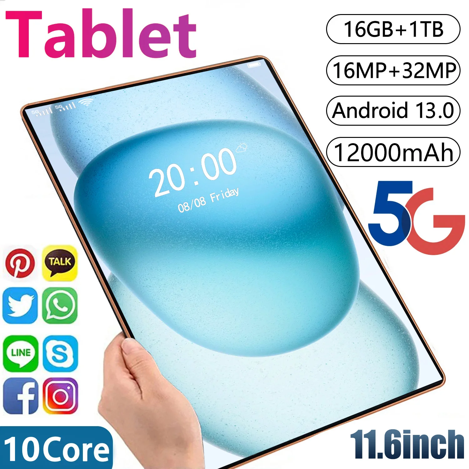 2024 New 5G Tablet 11.6 inch Android 13.0 Phablet MTK6797 16GB RAM 1TB ROM Tablet PC Dual Cameras Dual sim card Wifi Type-c