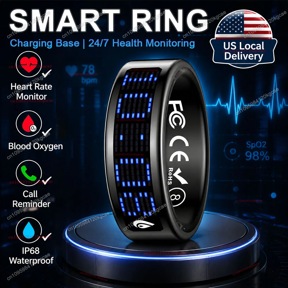 Smart Ring Men Women LED Display Screen Call Reminder, Gesture Swipe Video,Health Ring Heart Rate Sleep Monitor Waterproof Smartring for Android IOS Free Shipping USA