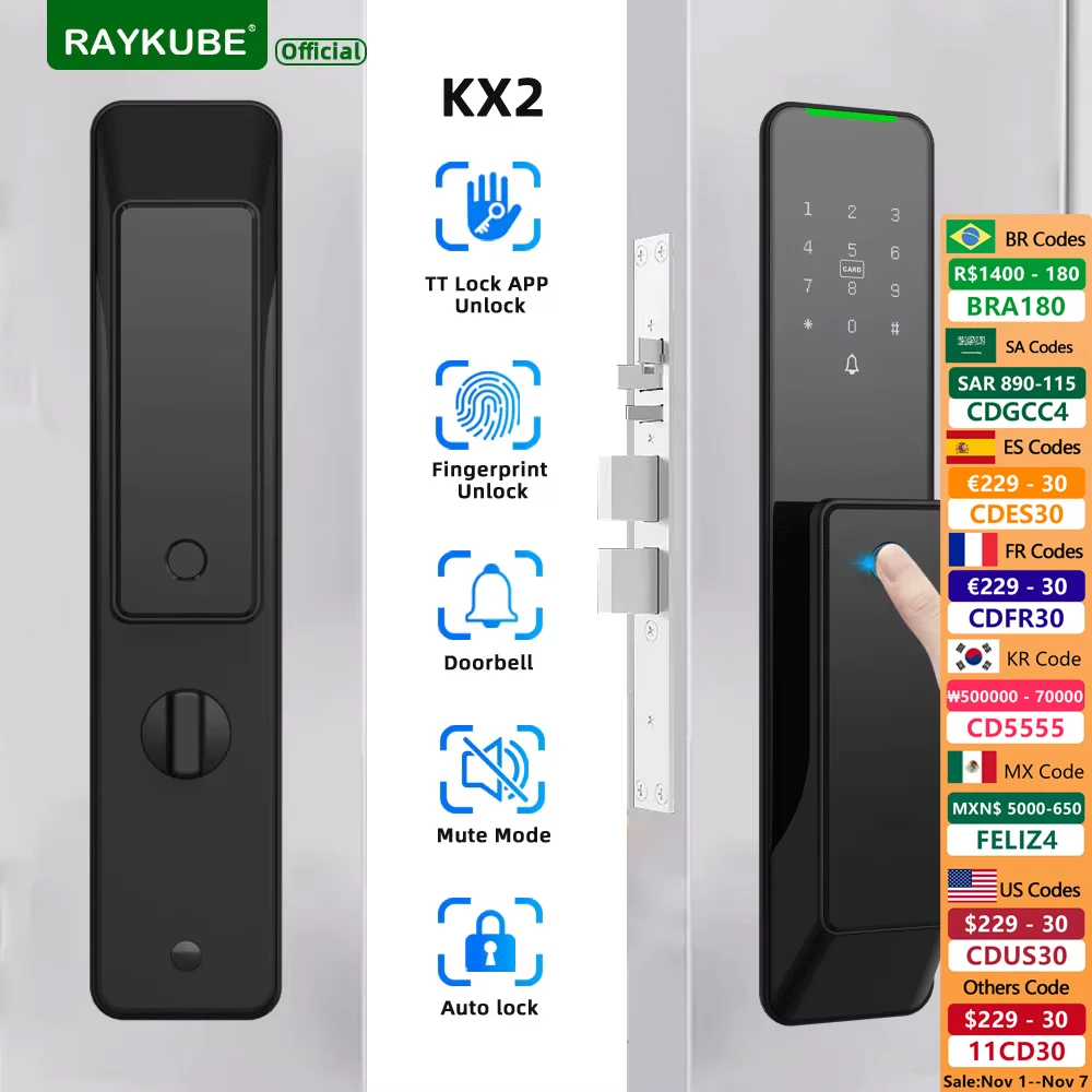 

NEW RAYKUBE KX2 TT Lock Bluetooth Full-automatic Electronic Smart Door Lock With Biometric Fingerprint APP NFC Key Unlock