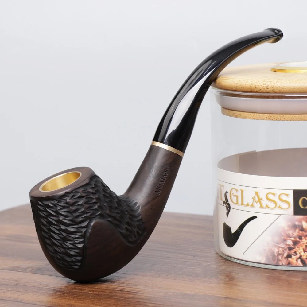 

MUXIANG classic curved handle carved ebony tobacco pipe 9mm filter element with copper pot cleaning tools for cigarette parts