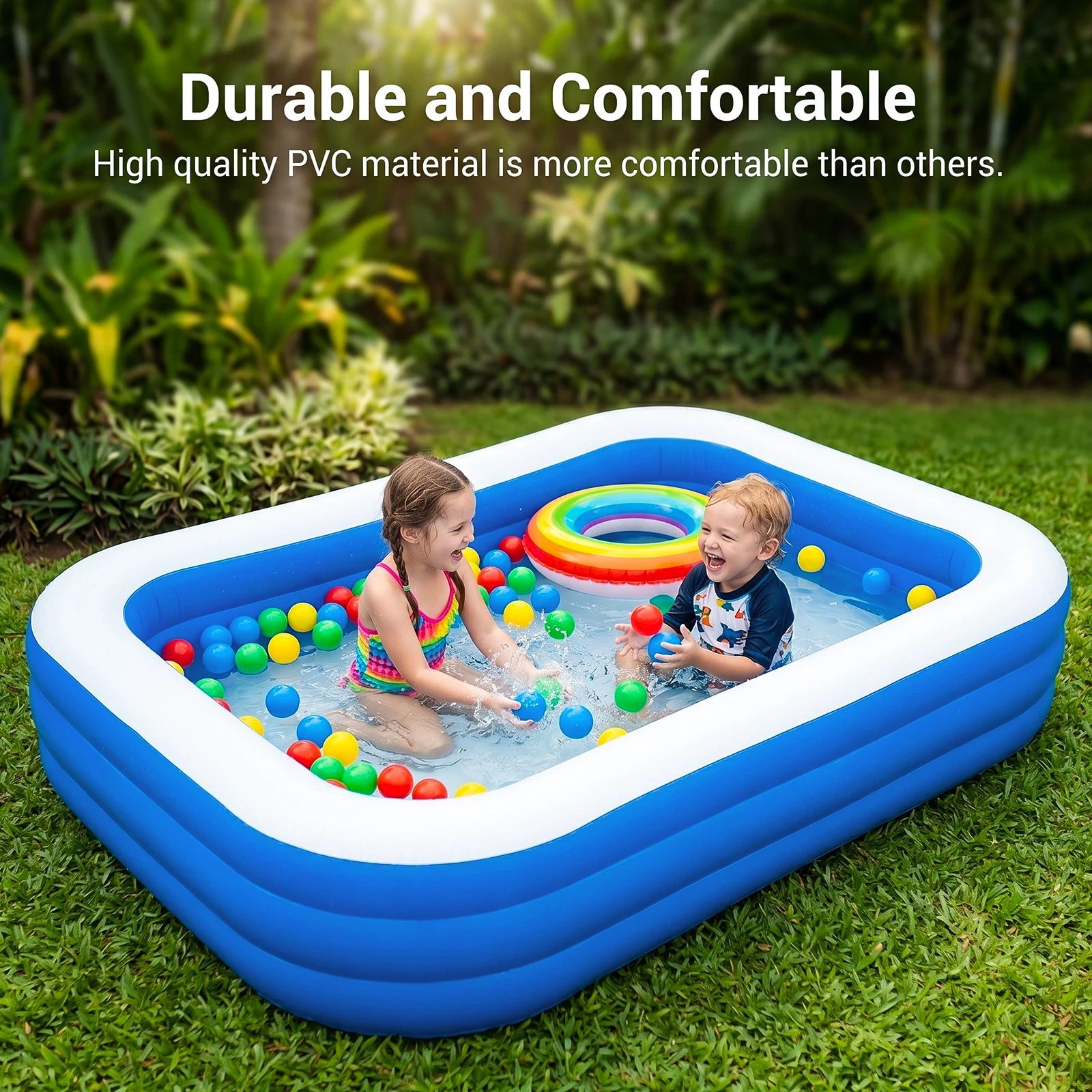 Rechteckiger Familien-Aufblaspool, verdicktes PVC, auslaufsicher, aufblasbarer Pool für drinnen und draußen, Kinder-Bällebad für Garten, Sommer-Wasserparty