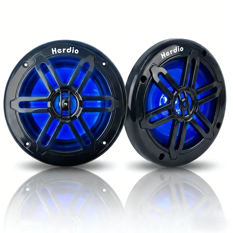 Herdio 6.5 Inch Marine Speaker IP66 350W Waterproof Coaxial Audio with Blue LED Light UV Resistant Grille for Boat ATV UTV
