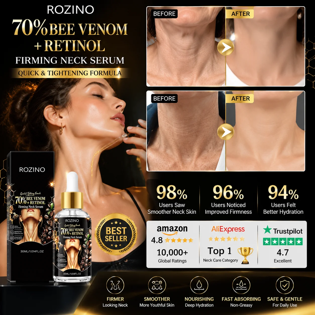 ROZINO Moisturizing and Firming Neck Cream Serum has a moist and clear texture, applies smoothly without any sticky feeling, deeply nourishes the neck skin, soothes dryness and roughness, and softens fine lines on the skin's surface. Continuously replenishes moisture to the skin, improves the problem of sagging and dullness in the neck area. Apply the essence to the neck and shoulders and gently massage upward to help nutrients penetrate, meeting the daily moisturizing and firming care needs of the neck skin.