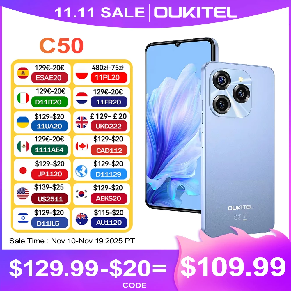 Oukitel C50 5G Smartphone 5150mAh 24GB+128GB 6.8“ HD+Water drop screen Mobile Phone 50 MP Cell Phone