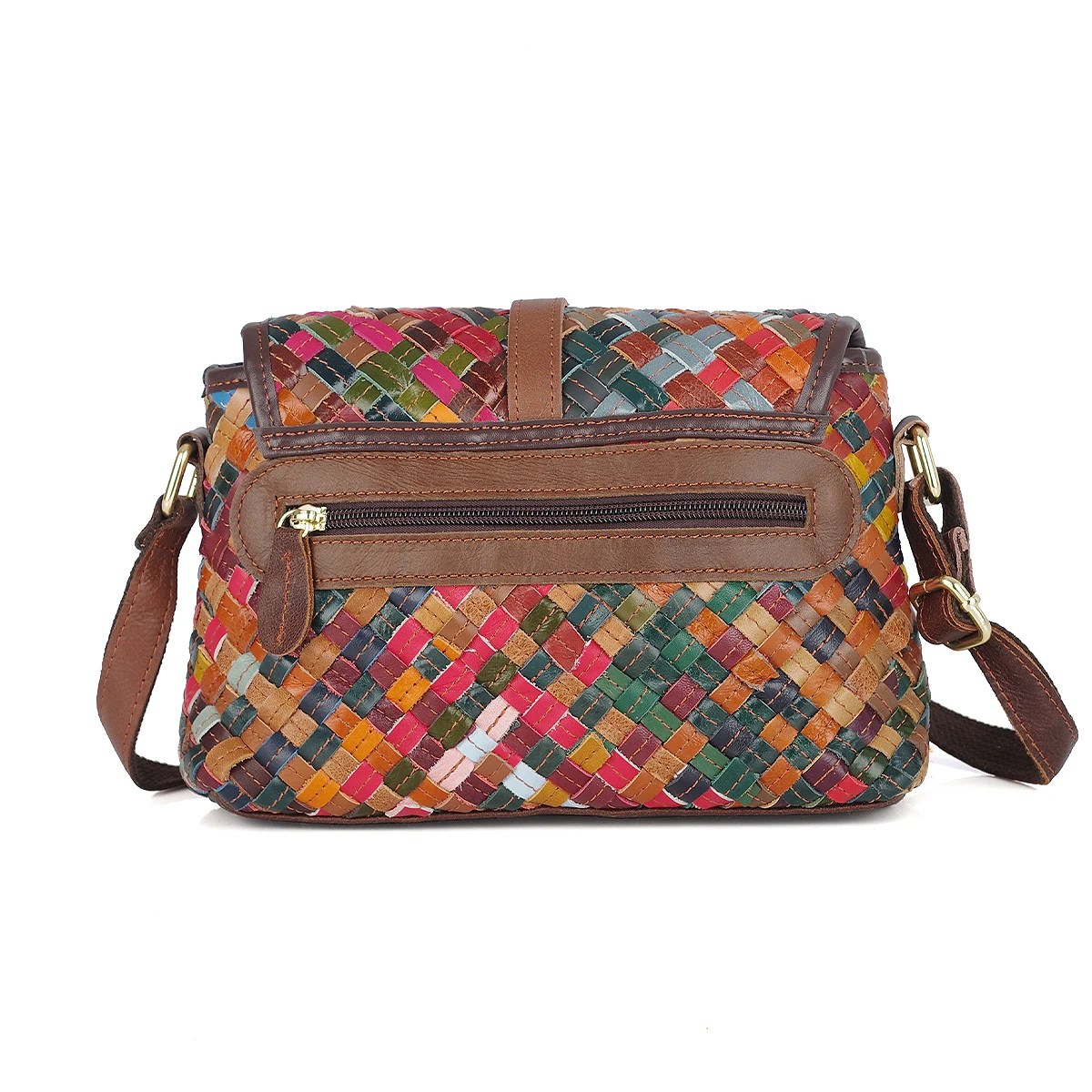 Genuine leather handmade bag woven bag colorful striped color matching small bag casual ethnic style shoulder bag for women