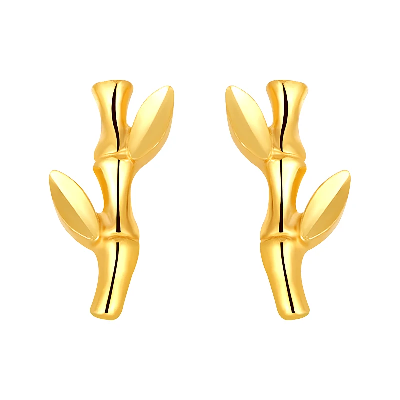 

New Arrival 999 24K Yellow Gold Earrings Women 3D Gold Bamboo Stud Earrings