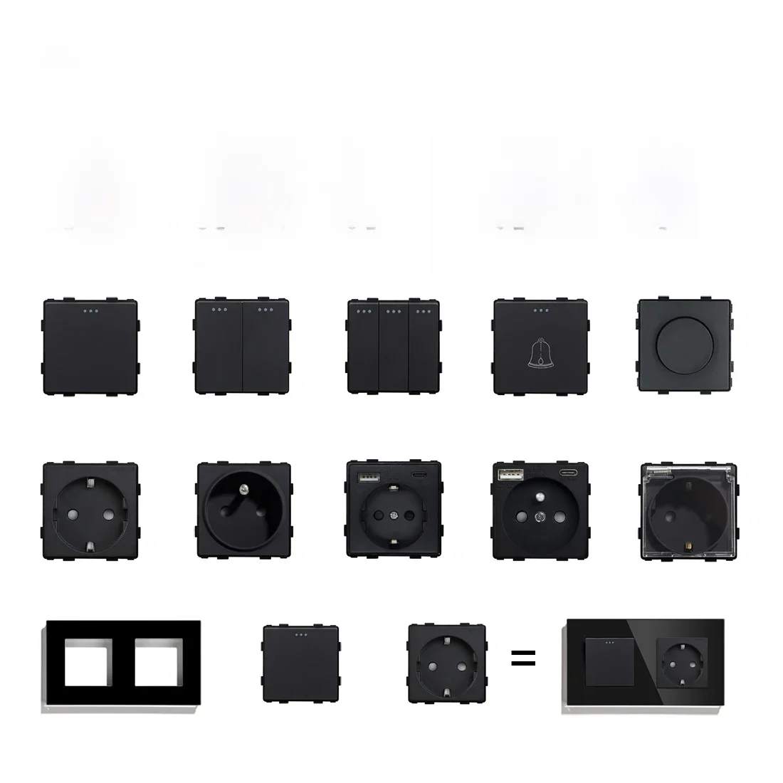 BSEED Panel włącznika światła ściennego 1/2/3Gang 1/2Way Mechaniczny przełącznik przyciskowy Część Gniazdo zasilania Ściemniacz DIY Część funkcjonalna Czarny — zdjęcie 2