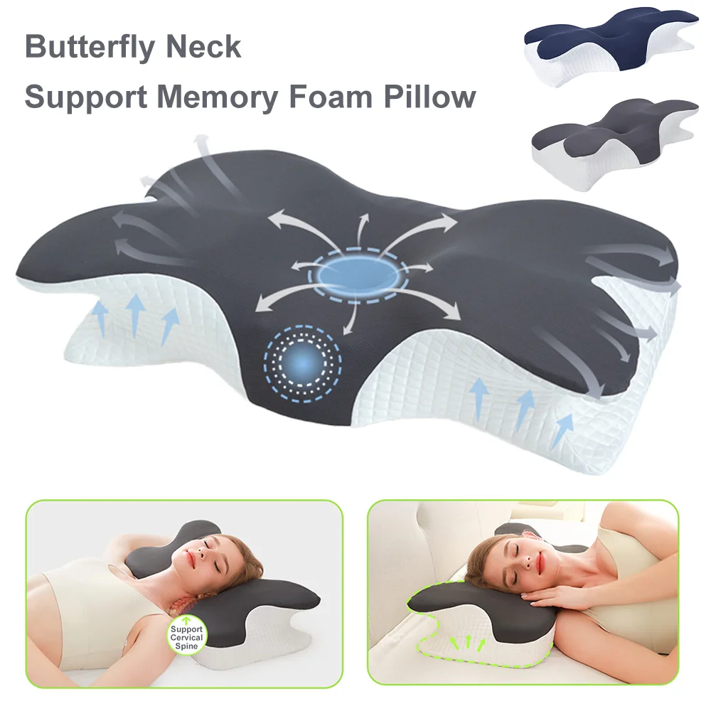 Подушки из пены с эффектом памяти в форме бабочки, расслабляющие шейные подушки с медленным отскоком шеи, эргономичный контурный дизайн для сна по бокам/зади/отломача