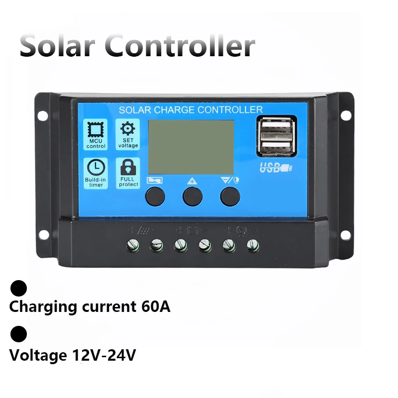 Solar Charge Controller 60A 12V/24V Voltage Regulator Solar Panel Photovoltaic Home with PWM Solar Charger LCD Display Dual USB 