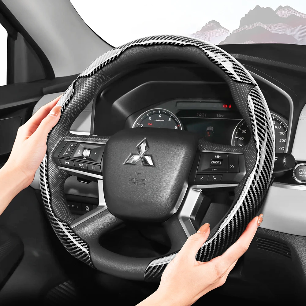 Suitable for Mitsubishi Sporty Glossy Carbon Fiber Texture Steering Wheel Cover with Snap-On Design for Triton L200 Xpander Pajero Montero Outlander Sport Asx Rvr Xforce Eclipse Cross Mirage Attrage Colt
