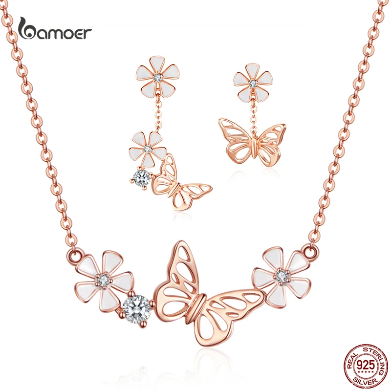 Bamoer 925 sterling zilver K goud Rose oorbel vlinder ketting sieraden set bloemen voor dames dames luxe elegante bruiloft