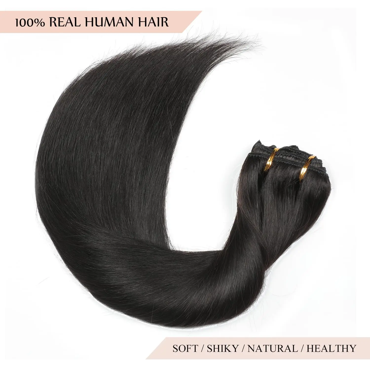 Extensões naturais do cabelo preto, cabelo humano real, cor # 1B, 16 "a 26", 120g, 1 bloco