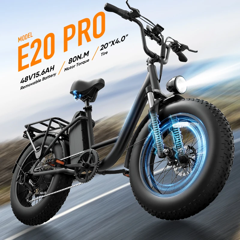 Urlife EBike 20x4" Inch Off-Road Fat Tire Speed 25KMH All-Terrain Monster 48V 15.6Ah Removable Battery Front Rear LED Safety Lights Commuter Electric Bicycle