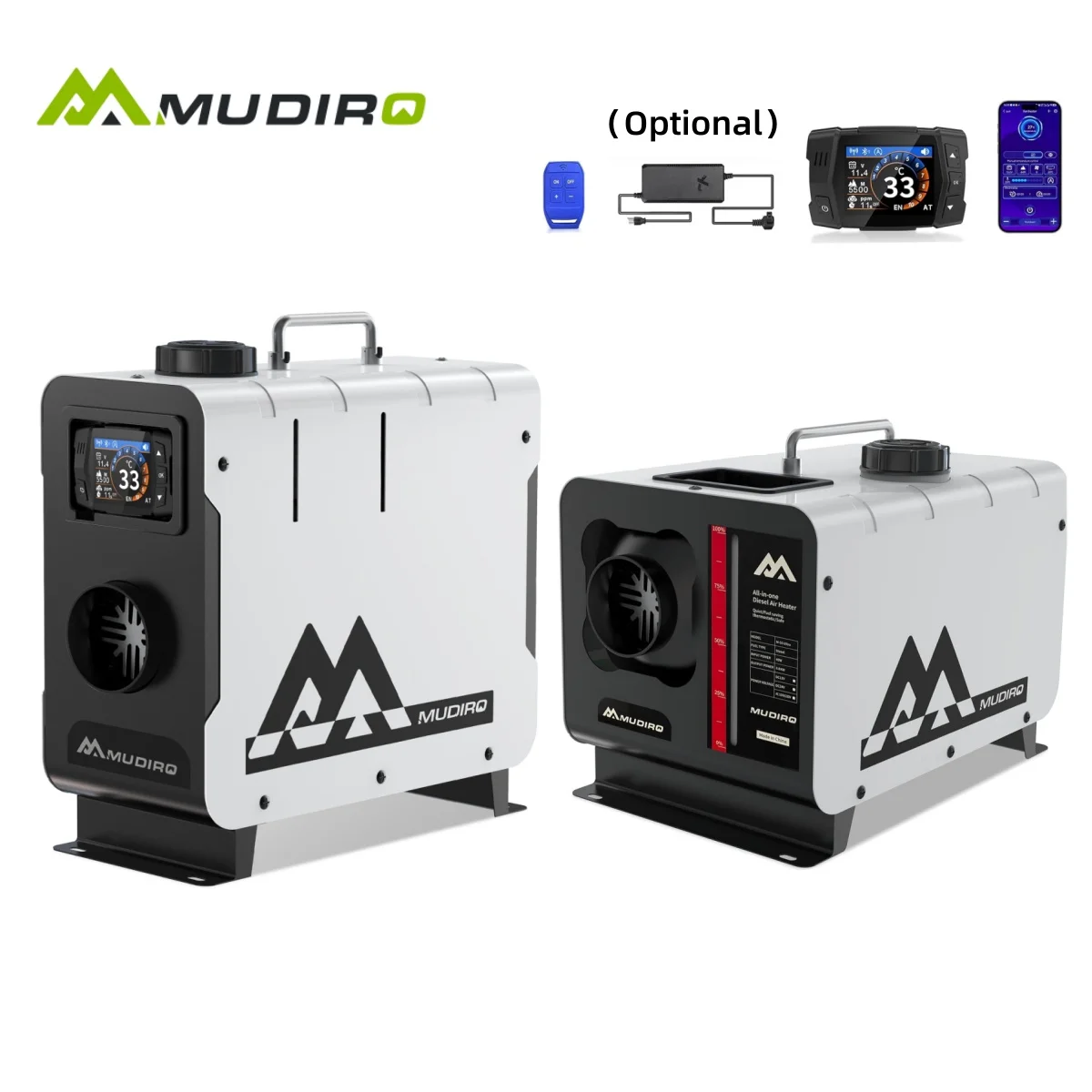 Chauffage au diesel Mudiro 8KW 12V/24V/240V avec protection contre les gaz de combustion (arrêt automatique et alarme), thermostat, écran TFT - pour le camping, les camping-cars, les tentes